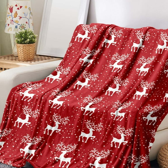 Fwttom Christmas Blanket, Multiple Size Large Xmas Reindeer Printed Flannel Blanket, Extra Soft Christmas Throw Blanket for Couch Bedroom Sofa Office Napping