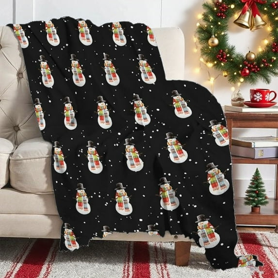 Fwttom Christmas Blanket, Super Soft Flannel Christmas Throw Blanket with Snowman, Black Lightweight Christmas Blankets And Throws for Napping, Couch, Bedroom & Holiday Gift