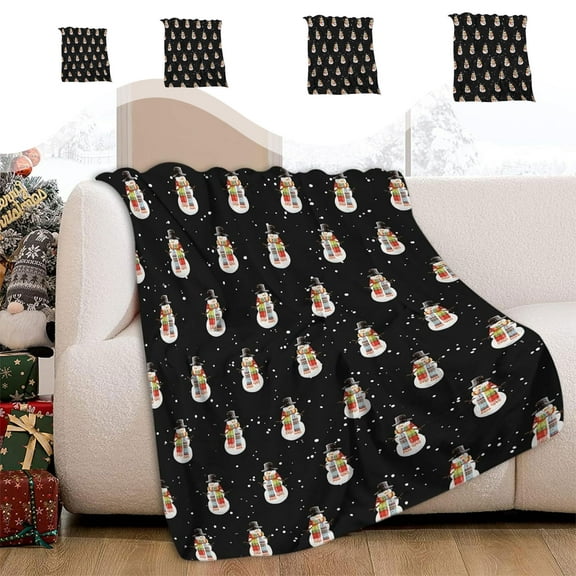 Fwttom Christmas Blanket, Super Soft Flannel Christmas Throw Blanket with Snowman, Black Lightweight Christmas Blankets And Throws for Napping, Couch, Bedroom & Holiday Gift