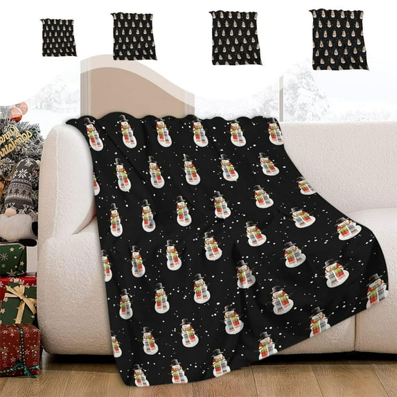Fwttom Christmas Blanket, Super Soft Flannel Christmas Throw Blanket with Snowman, Black Lightweight Christmas Blankets And Throws for Napping, Couch, Bedroom & Holiday Gift