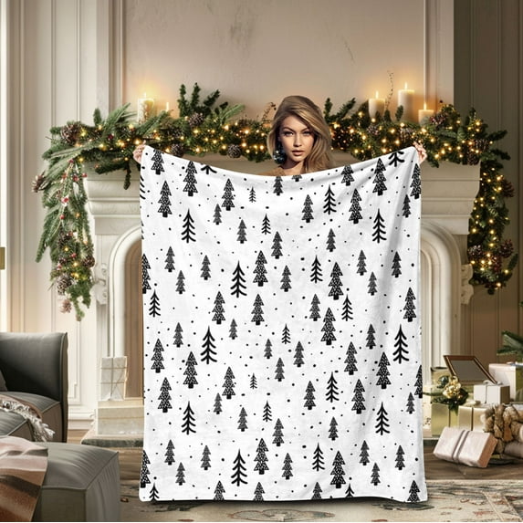 Fwttom Christmas Blanket, White Xmas Tree Printed Flannel Fleece Blanket, Warm Christmas Throw Blanket for Couch Holiday Decorations Gifts Home Office Sofa Nap