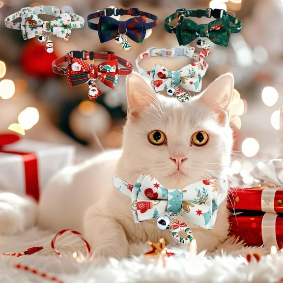 Fwttom Christmas Bow Pet Collar - Xmas Decorative Collar Pet Accessories with Bell, Cat Dog Collar for Puppy Kitten Small-Sized Pets, Christmas Decorations