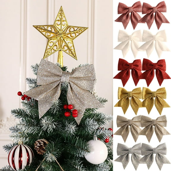 Fwttom Christmas Bows Decor Set of 2 - Small Bow Themed Birthday Party Decorations, Holiday Christmas Decoration Indoor Outdoor for Wreath Garland Xmas Tree, Gold