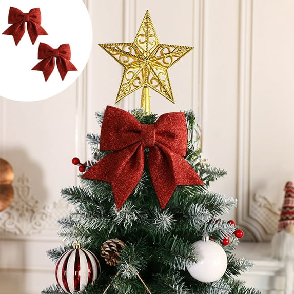 Fwttom Christmas Bows Decor Set of 2 - Small Bow Themed Birthday Party Decorations, Holiday Christmas Decoration Indoor Outdoor for Wreath Garland Xmas Tree, Red