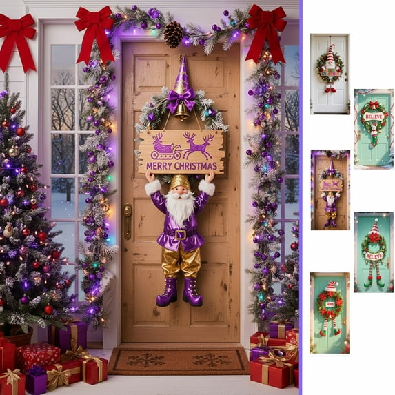 Fwttom Christmas Door Covers for Front Door, Christmas Front Door Cover with Wreath Design, Christmas Door Decorations for Holiday, Home Party Door & Wall Decoration