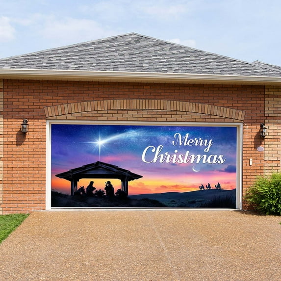 Fwttom Christmas Garage Door Cover Decorations - Merry Christmas Heartwarming Scene Banner Garage Door Decor Outdoor Indoor for Xmas Holiday,