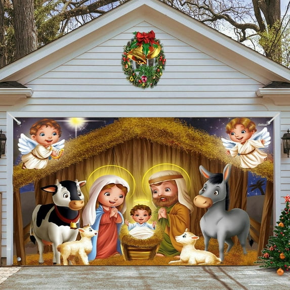 Fwttom Christmas Garage Door Cover Decorations - Merry Christmas Nativity Scene Banner Garage Door Decor Outdoor Indoor for Xmas Holiday,