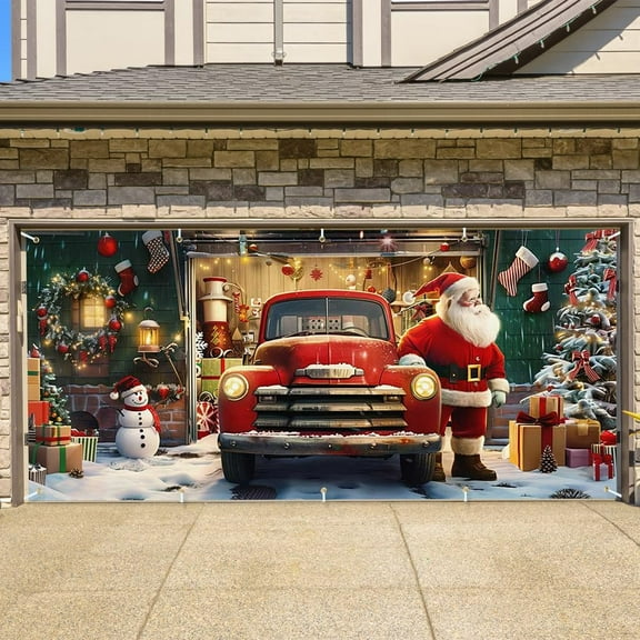 Fwttom Christmas Garage Door Cover Decorations - Santa Claus & Truck Merry Christmas Banner Garage Door Decor Outdoor Indoor for Xmas Holiday,