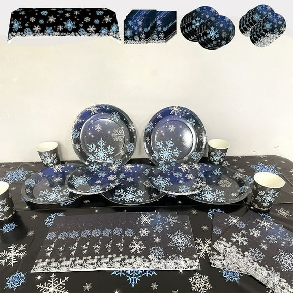 Fwttom Christmas Paper Plates, 10 pcs Black Snowflake Christmas Plates Disposable, Christmas Themed Dinner Plates Tableware for Xmas Decorations, Holiday & Party Supplies
