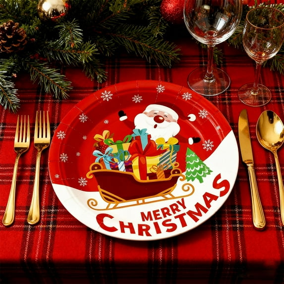 Fwttom Christmas Paper Plates, 10 pcs Christmas Plates Disposable, Christmas Themed Colorful Dinner Plates Tableware for Xmas Decorations, Holiday & Party Supplies, 7"