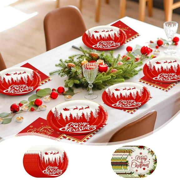 Fwttom Christmas Paper Plates, Red Christmas Plates Disposable, Christmas Themed Dinner Plates Tableware for Xmas Decorations, Holiday & Party Supplies, 10 pcs