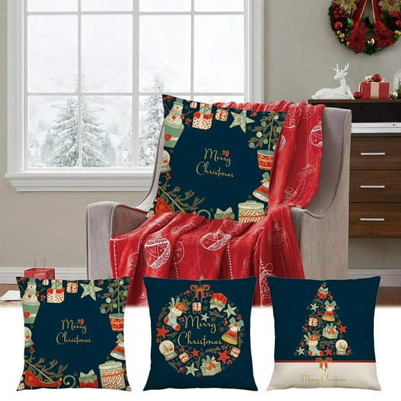 Fwttom Christmas Pillow Covers 18X18, Holiday Printed Navy Blue Christmas Throw Pillow Covers, Merry Christmas Theme Christmas Pillows Decorative Cushion Cover for Sofa, Study, Nap Chair