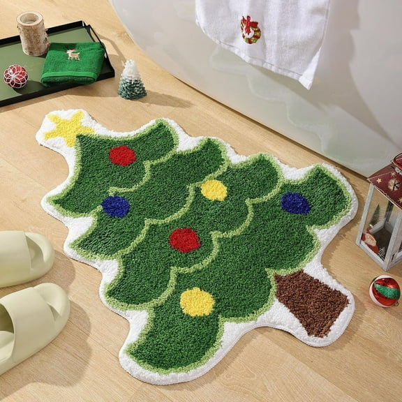 Fwttom Christmas Rug, Absorbent Washable Non Slip Christmas Bathroom Rugs, Christmas Doormat with Green Christmas Tree pattern, Soft Thick Christmas Bath Mat for Bathroom