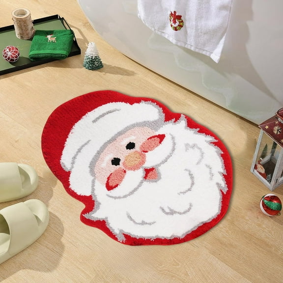 Fwttom Christmas Rug, Absorbent Washable Non Slip Christmas Bathroom Rugs, Christmas Doormat with Santa Claus pattern, Soft Thick Christmas Bath Mat for Bathroom