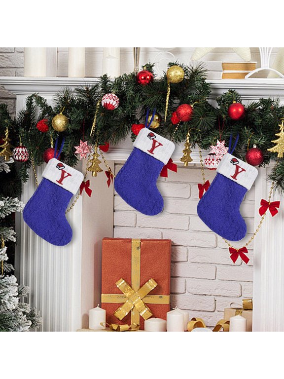 Christmas Stockings, Blue Wool Knit Christmas Stockings, Holiday Embroidered Letter Personalized Christmas Stockings for Xmas Tree Pendants, Home Mantel & Party Decor