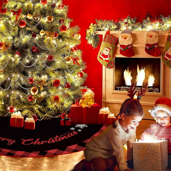 Fwttom Christmas Tree Skirts, Red & Black Themed Christmas Tree Skirts with Plaid Edging, Christmas Decorations Round Xmas Cover for Christmas Tree Winter Home Holiday