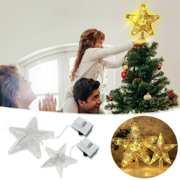 Fwttom Christmas Tree Toppers Christmas Decorations, Warm Luminous Christmas Tree Star Topper with LED Lights, Iron Glitter Five Pointed Star for Xmas, Party, Holiday