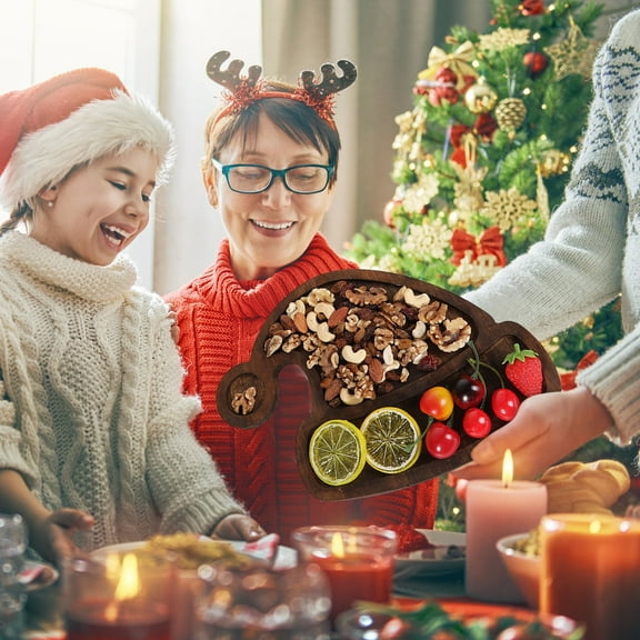 Fwttom Christmas Wooden Tray, Xmas Design Dessert Table Display Set Solid Wood Tray, Christmas Decor Fruit Tray for Kitchen Coffee Shop Restaurant Dining Room