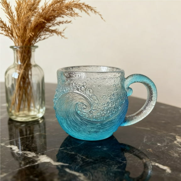 Fwttom Coffee Mug, Sea Wave Glass Mugs, Handcrafted Unique Textured Beach Theme Mug, Ideal Gifts Translucent Coffee Cups for Coffee, Tea & Refreshing Cold Cocktails
