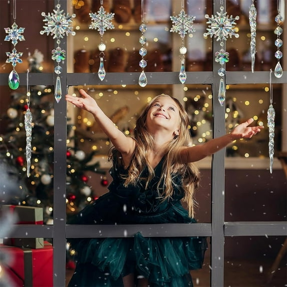 Fwttom Crystal Ornaments Christmas Tree Decoration 18 Piece - Acrylic Hanging Snowflakes Decorations, Icicle Drop Glass Christmas Ornaments for Winter, Holidays, Xmas, Festivals