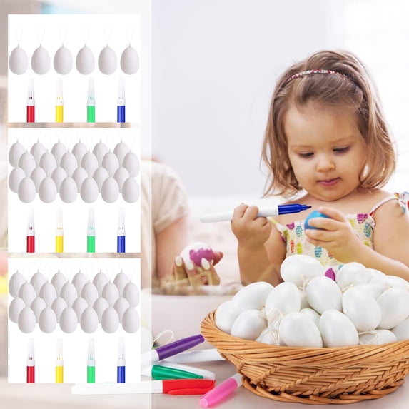 Fwttom DIY Easter Eggs, 24pcs White Plastic Egg Blanks with Four Watercolor Pens, Easter Decorations for Holiday Kids Toys Sets, 2.36"
