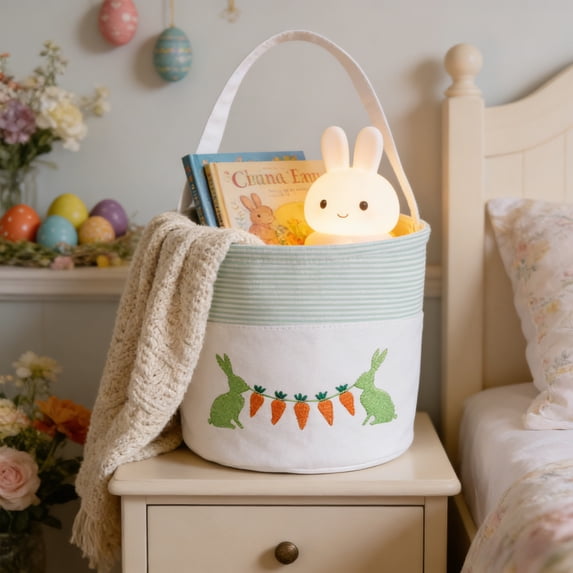 Fwttom Easter Basket, Embroidered Bunny Eggs Candy Bucket, Handheld Easter Decorations Storage Basket for Kids Holiday Candy Eggs Stuffers, Green