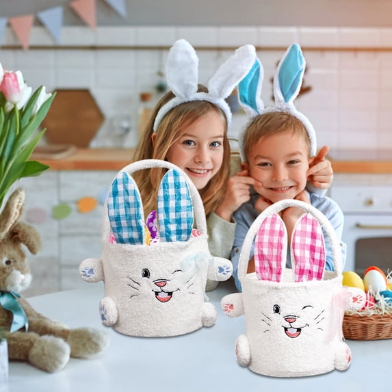 Fwttom Easter Baskets for Kids, Checkered Design Bunny Ears Handheld Candy Bucket, Easter Decorations Storage Basket for Holiday Home Decor & Eggs Hunt, Pink