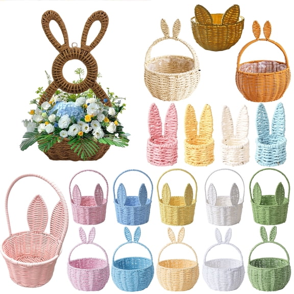 Fwttom Easter Baskets for Kids, Cute Easter Decorations Wicker Basket with Ears, Storage Bucket for Candy Eggs Stuffers Holder, White
