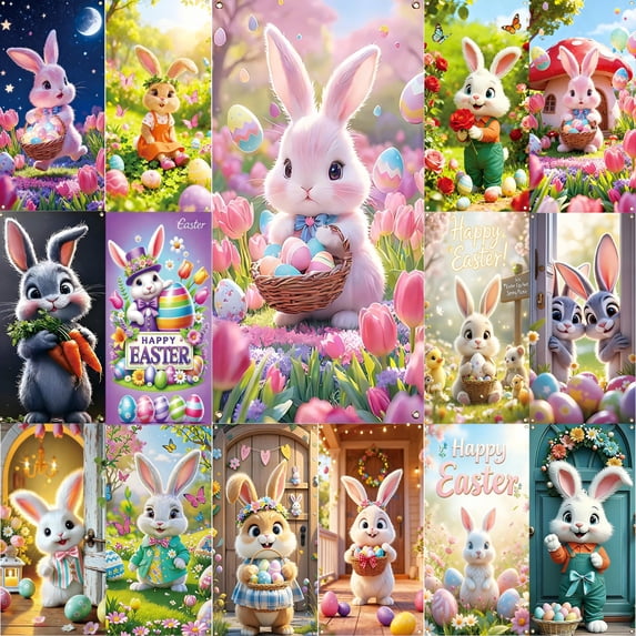 Fwttom Easter Door Cover - Bunny Theme Spring Decor Banner Room Easter Decorations for Front Door Garden Wall Holiday Backdrop, 70.8 x 35.4 inch