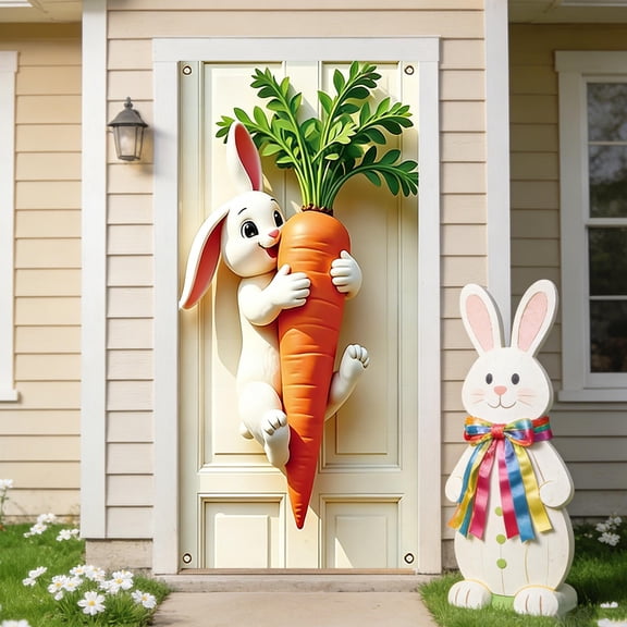 Fwttom Easter Door Cover - Fine Bunny Eggs Pattern Easter Theme Spring Decor for Holiday Party Room Wall Front Door Outdoor Indoor, 70.8 x 35.4 inch