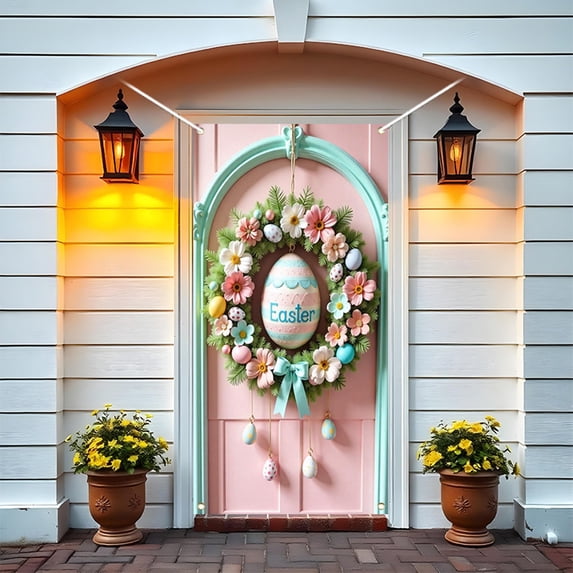 Fwttom Easter Door Cover - Fine Bunny Eggs Pattern Easter Theme Spring Decor for Holiday Party Room Wall Front Door Outdoor Indoor, 70.8 x 35.4 inch