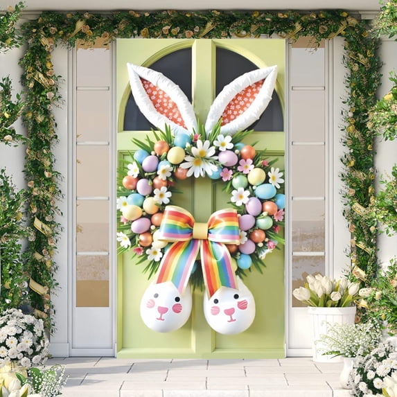 Fwttom Easter Door Cover - Happy Spring Festival Party Decoration Front Room Door Hanging Easter Decorations, 70.8 x 35.4 inch