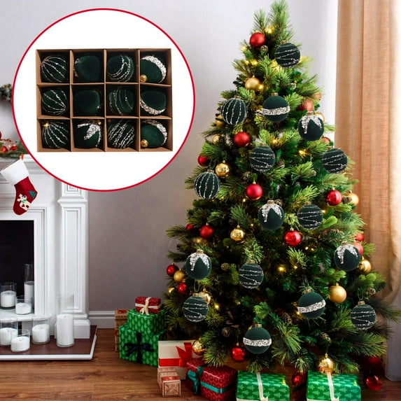 Fwttom Flocked Christmas Ball Ornaments Set of 12 - Vintage Christmas Tree Decor Shatterproof Hanging Balls for Xmas Tree, Holiday Christmas Decor, Green