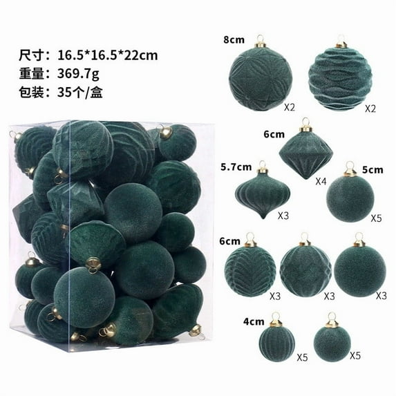 Fwttom Flocked Christmas Ball Ornaments Set of 35 - Vintage Christmas Tree Decor Shatterproof Hanging Balls for Xmas Tree, Holiday Christmas Decor, Green