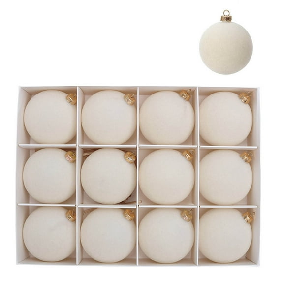 Fwttom Flocked Christmas Ball Ornaments Set of 12 - Vintage Christmas Balls Shatterproof Velvet Hanging Decor for Xmas Tree Holiday Party, 2" Beige