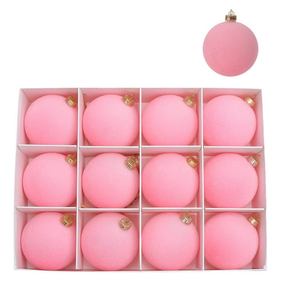 Fwttom Flocked Christmas Ball Ornaments Set of 12 - Vintage Christmas Balls Shatterproof Velvet Hanging Decor for Xmas Tree Holiday Party, 2" Pink