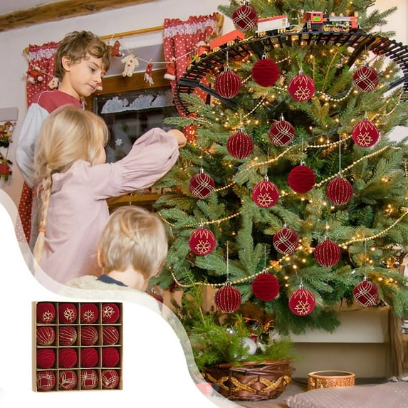 Fwttom Flocked Christmas Ball Ornaments Set of 16 - Soft Furry Xmas Tree Hanging Balls for Christmas Holiday Party Supplies, 2" Red