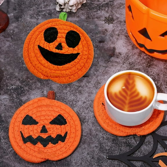Fwttom Halloween Coasters, Halloween Decorations Hand-woven Drink Coasters Pumpkin Cotton Rope Place mats Cup Coasters for Desktop Protection, Halloween Thanksgiving Theme Party Decor
