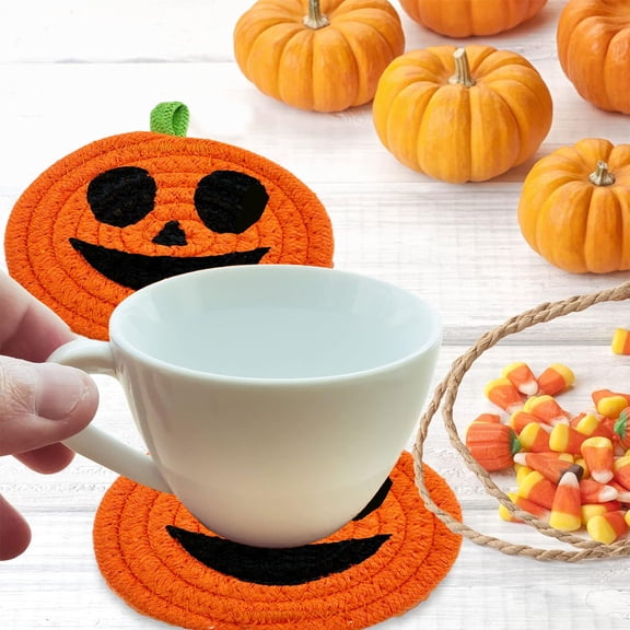 Fwttom Halloween Coasters, Halloween Decorations Hand-woven Drink Coasters Pumpkin Cotton Rope Place mats Cup Coasters for Desktop Protection, Halloween Thanksgiving Theme Party Decor