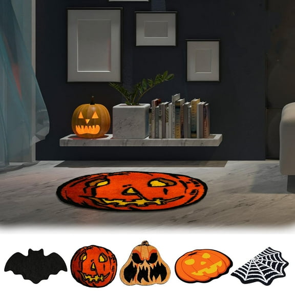 Fwttom Halloween Door Mat, Halloween Rug with Terrifying Theme Home Decor Entrance Welcome Mat, Halloween Decorations Pumpkin Spiderweb & Bat Design Print Floor Mats