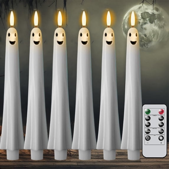 Fwttom Halloween Ghost Flameless Taper Candles Flickering Battery Operated Candles with Remote Timer 3D Wick White Real Wax Led Light Halloween Decor