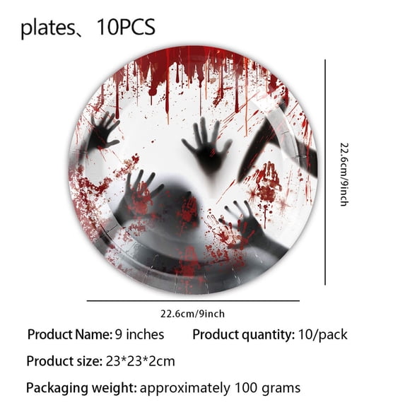 Fwttom Halloween Paper Plates, Disposable Plates Printed With Horror Bloods Handprint Paper Flag Decoration, Halloween Party Supplies for Holiday Dinner 10 Pcs(L Size)