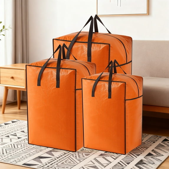 Fwttom Heavy Duty Moving Bags, Extra Large Waterproof Orange Storage Bags with Zipper & Reinforced Handles, Storage Containers for Seasonal Clothes Bedding Quilt Packing