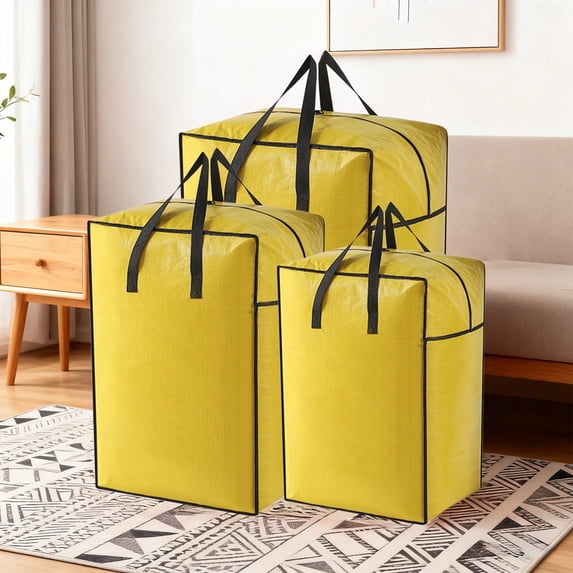 Fwttom Heavy Duty Moving Bags, Extra Large Waterproof Yellow Storage Bags with Zipper & Reinforced Handles, Storage Containers for Seasonal Clothes Bedding Quilt Packing