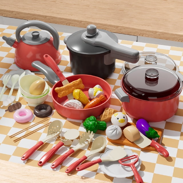 Fwttom Kids Play Kitchen Accessories, Realistic Safe Dishes Utensils & Cookware Toddlers Toy Kitchen Sets, Educational Toys for Kids Learning & Fine Motor Skills