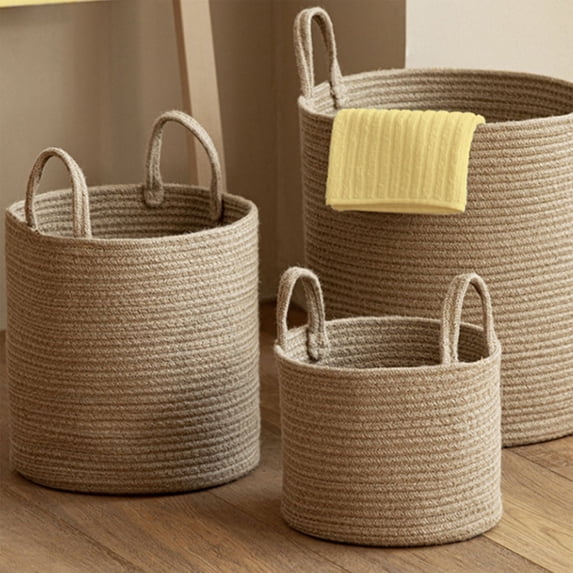 Fwttom Laundry Basket, Rope Hand-woven Blanket Basket with Handles, Large-capacity Storage Basket for Bathroom Laundry Hamper & Toys Sundries Organization, 9.8×7.8×1.96 inches