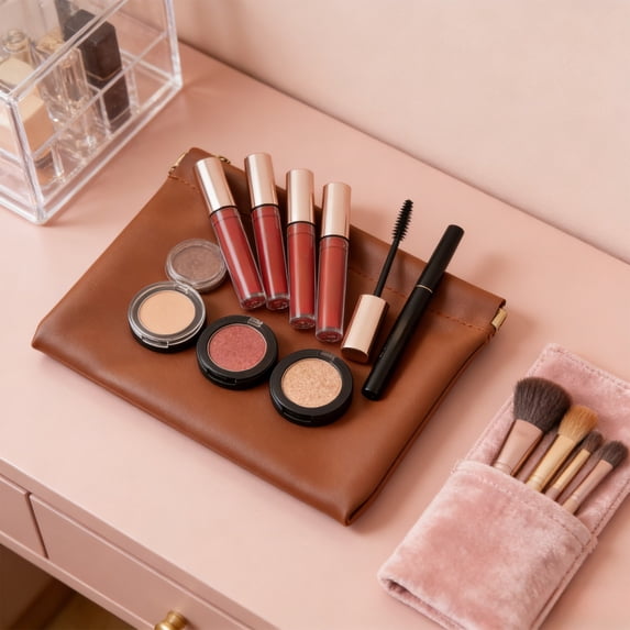 Fwttom Makeup Bag, Portable Travel Toiletry Bag PU Make Up Pouch, Large-capacity Cosmetic Storage Organizer for Women Men, Brown