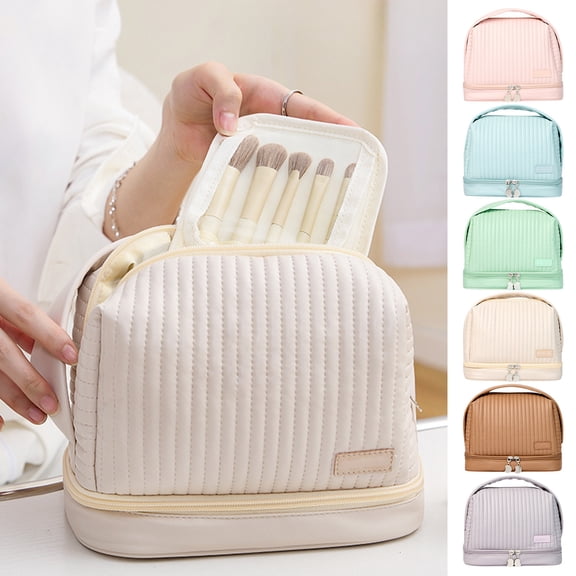 Fwttom Makeup Bag, Travel Toiletry Bag Make Up Pouch, Toast Cake Shaped Portable Large-capacity Cosmetic Storage Organizer for Women, Beige