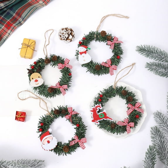 Fwttom Mini Christmas Wreaths, Christmas Decorations Mini Wreaths with Vines Small Bells Pines Cones Bow, Small Wreaths for Kitchen Cabinets, Windows, Xmas Tree