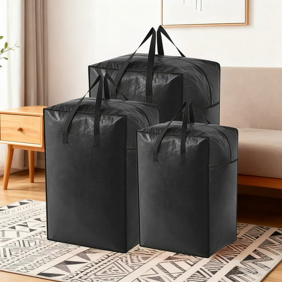 Fwttom Moving Bags, Extra Large Heavy Duty Black Storage Bags with Zipper & Reinforced Handles, Waterproof Storage Containers for Seasonal Clothes Bedding Quilt Packing